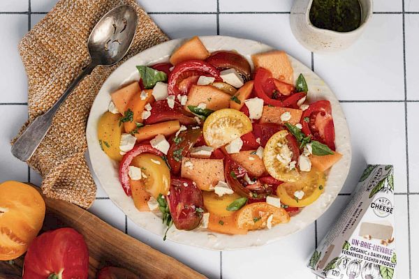 Nuts for Cheese Presents Heirloom Tomato Salad with Cantaloupe and 'Brie'